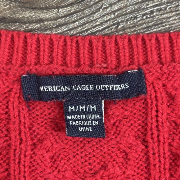 American Eagle Sweater Women's Medium Red Cable Knit Pullover Zipper Hem Casual - Picture 6 of 8